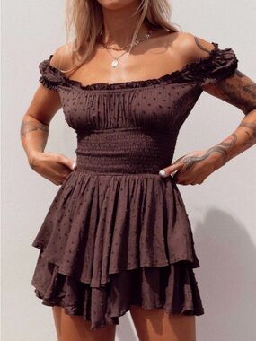 Princess Polly Chocolate Brown Off-Shoulder Ruffle Romper